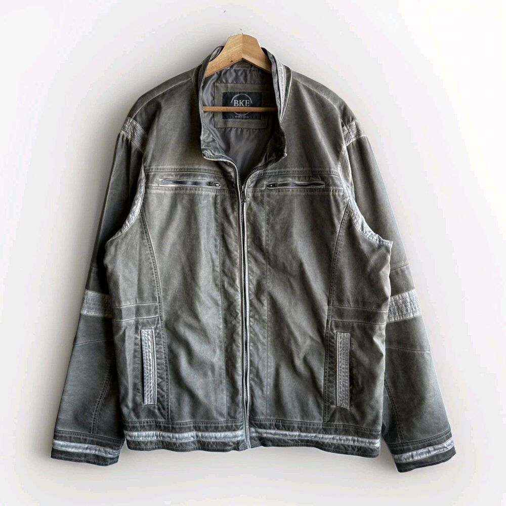 BKE Men’s 2XL Athletic Fit Gray Motorcycle Faux Leather Jacket Full Zip Outdoor